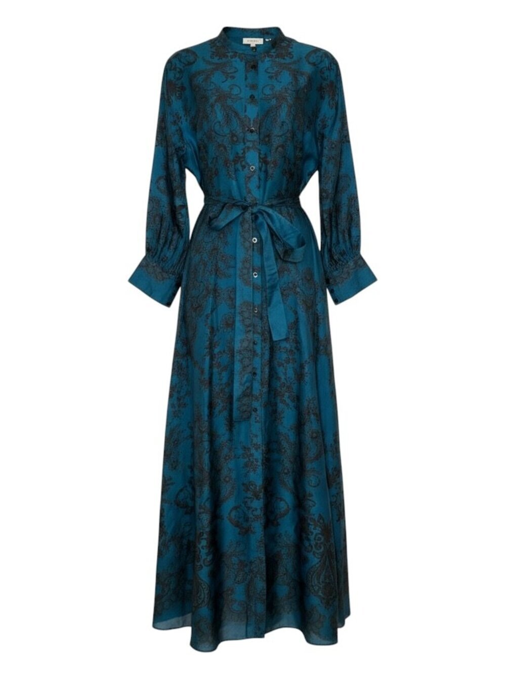 Marchesa Rosa Teal Floral Silk Midi Shirt Dress Tie Waist Sample